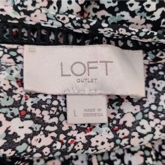 LOFT Pink Black Floral Crochet Trim Long Bell Sleeves Boho Blouse Large - Picture 12 of 13